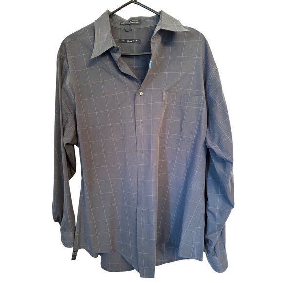 Geoffrey Beene Fitted Long Sleeve Shirt 17.5 34 35 Gray Plaid Cotton Poly Blend - Picture 1 of 6